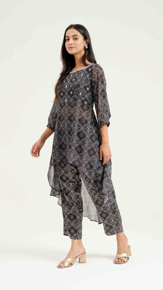Black Bandhej Georgette Asymmetrical Co - ord Set - Ritivesh By Ritika Aggarwal