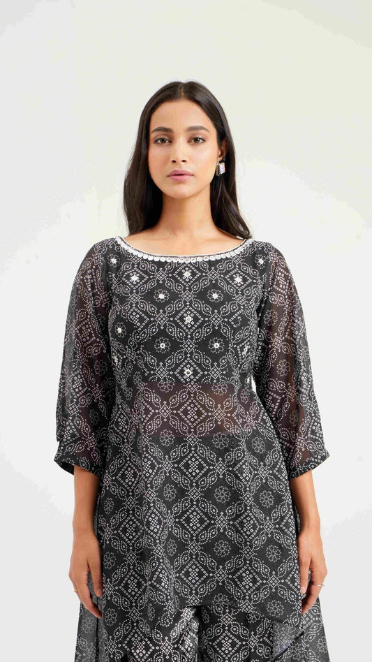 Black Bandhej Georgette Asymmetrical Co - ord Set - Ritivesh By Ritika Aggarwal