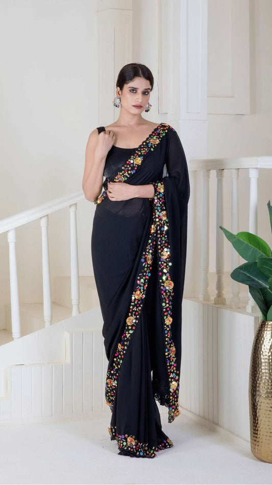 Black pure georgette saree - Ritivesh By Ritika Aggarwal