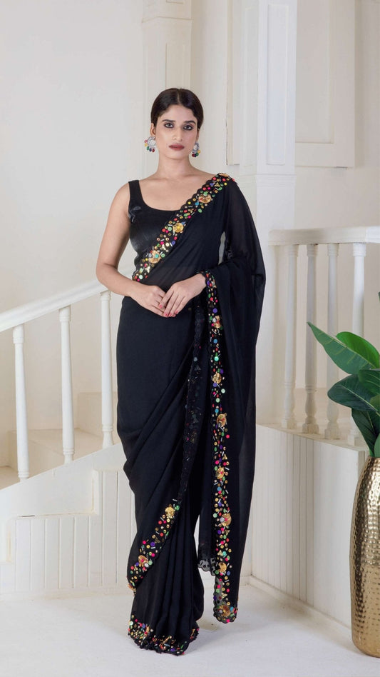 Black pure georgette saree - Ritivesh By Ritika Aggarwal