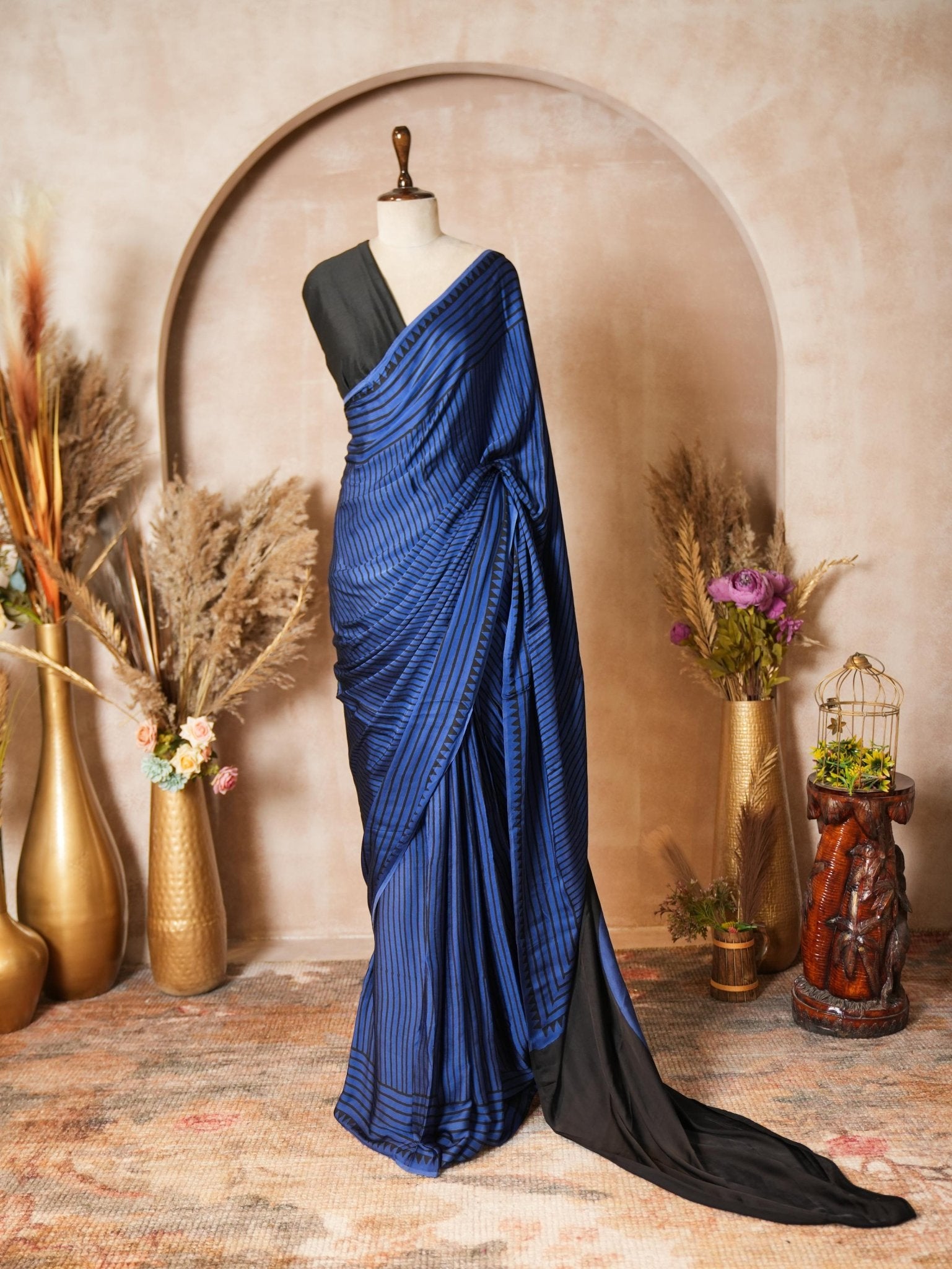 Blue & Black Striped Modal Silk Ajrakh Print Saree with Blouse Piece - Ritivesh By Ritika Aggarwal