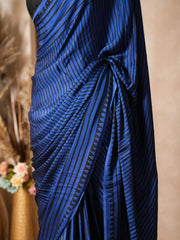 Blue & Black Striped Modal Silk Ajrakh Print Saree with Blouse Piece - Ritivesh By Ritika Aggarwal