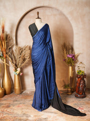 Blue & Black Striped Modal Silk Ajrakh Print Saree with Blouse Piece - Ritivesh By Ritika Aggarwal