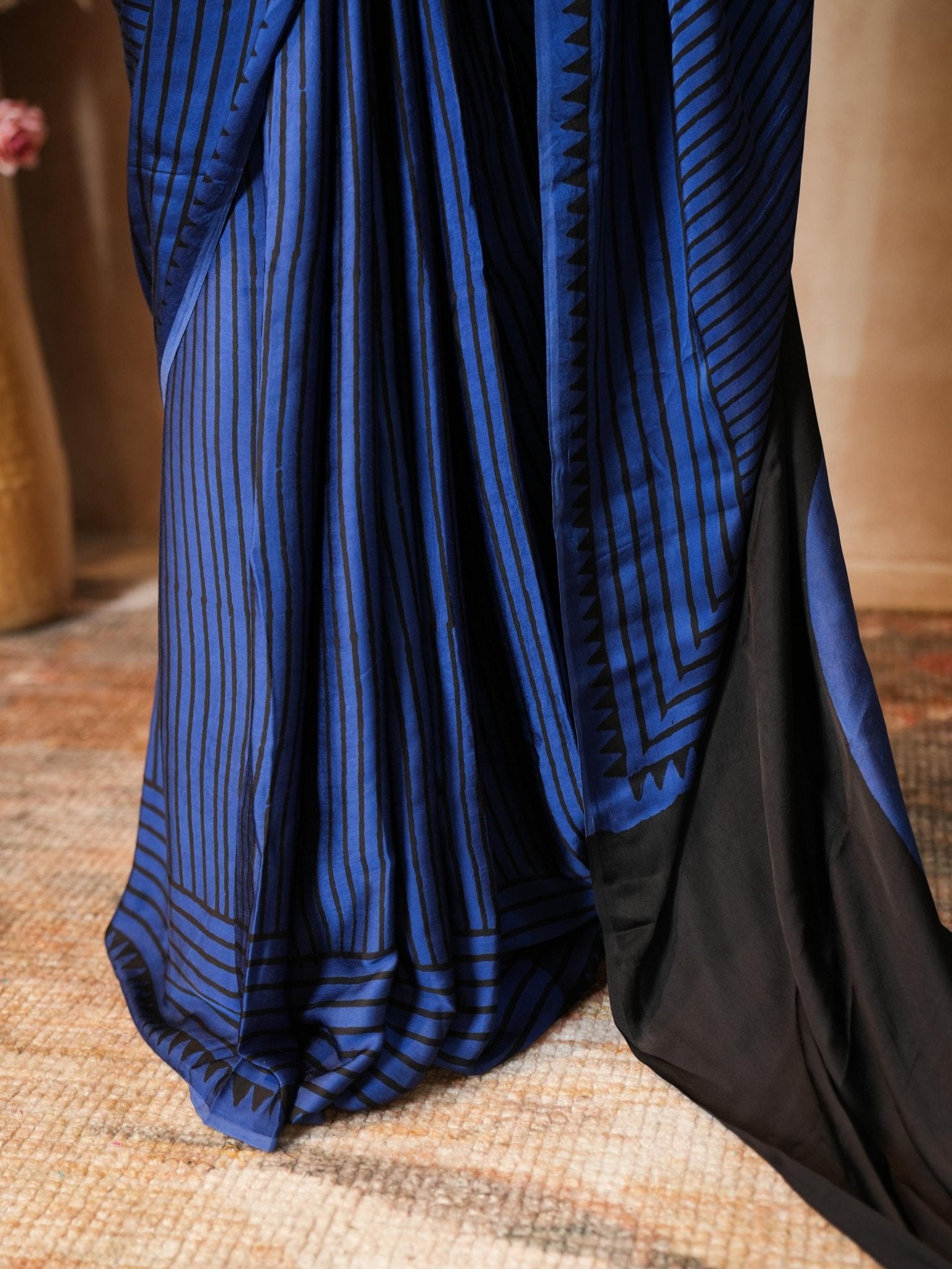 Blue & Black Striped Modal Silk Ajrakh Print Saree with Blouse Piece - Ritivesh By Ritika Aggarwal