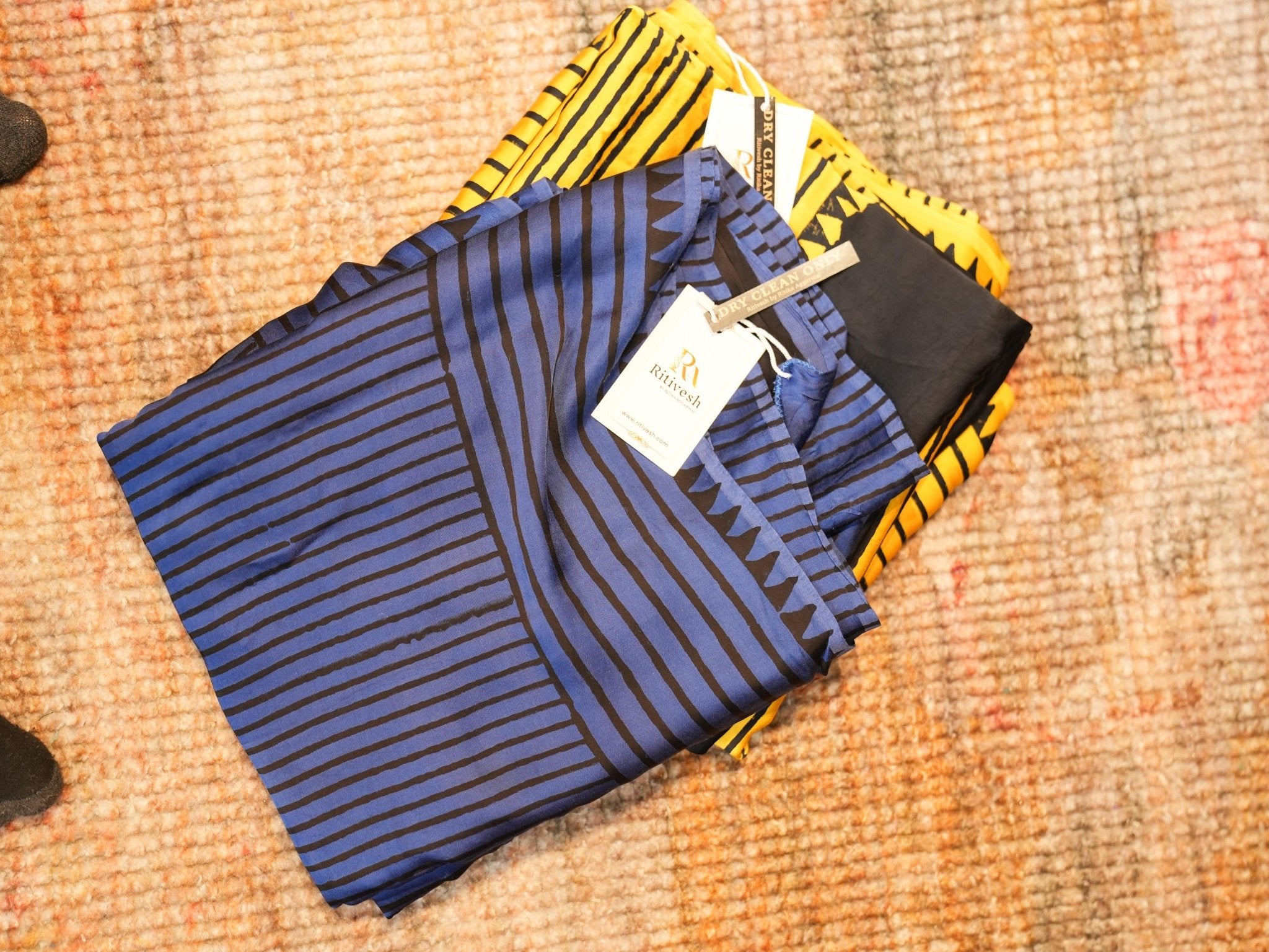 Blue & Black Striped Modal Silk Ajrakh Print Saree with Blouse Piece - Ritivesh By Ritika Aggarwal