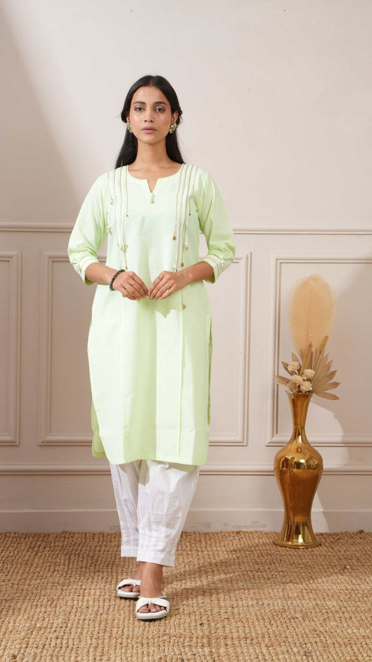 Bright Lime Green Cotton Straight Kurta & Afghani Pant - Ritivesh By Ritika Aggarwal