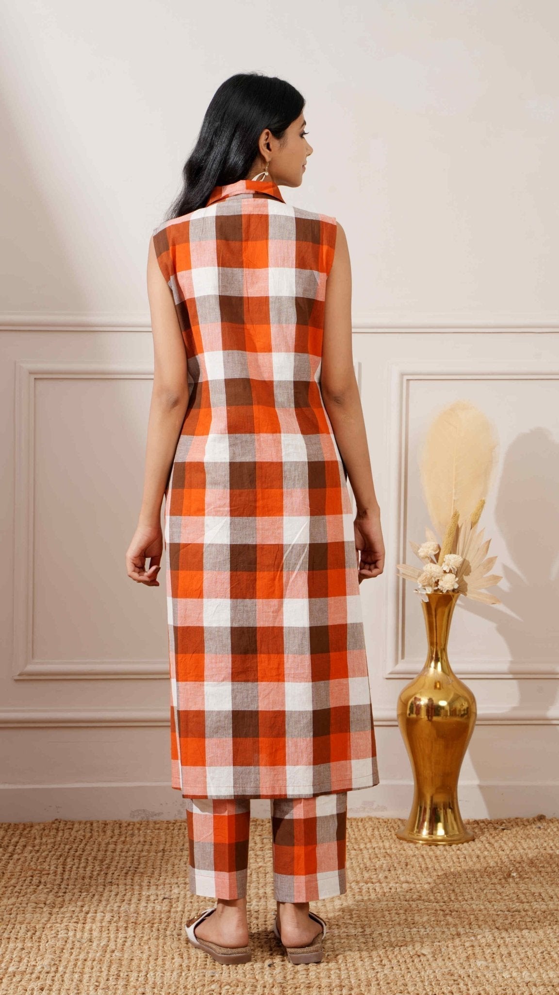 Brown Check Cotton Straight Kurta & Pant - Ritivesh By Ritika Aggarwal