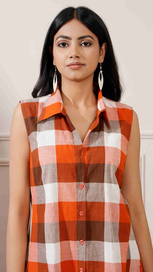 Brown Check Cotton Straight Kurta & Pant - Ritivesh By Ritika Aggarwal