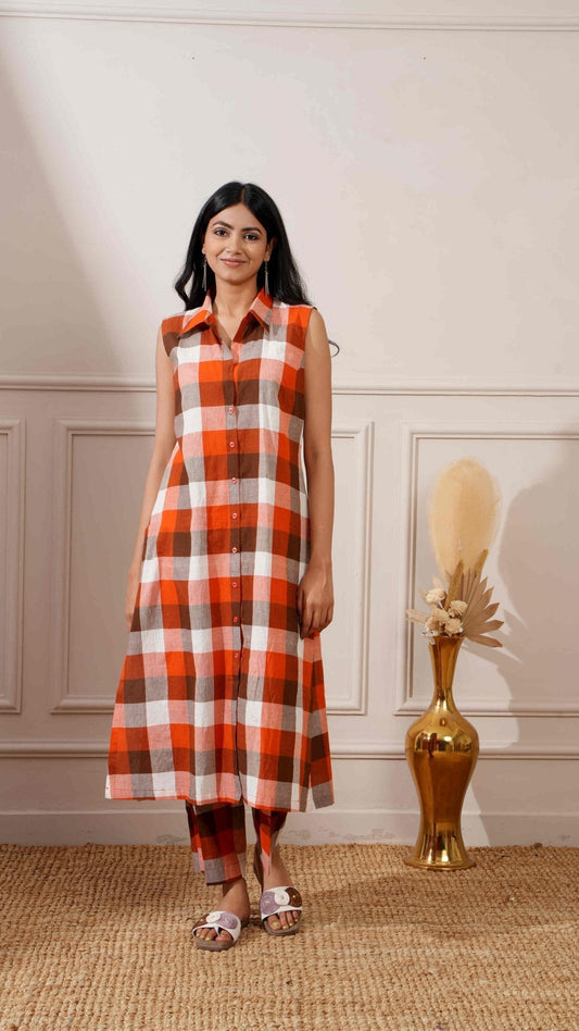 Brown Check Cotton Straight Kurta & Pant - Ritivesh By Ritika Aggarwal