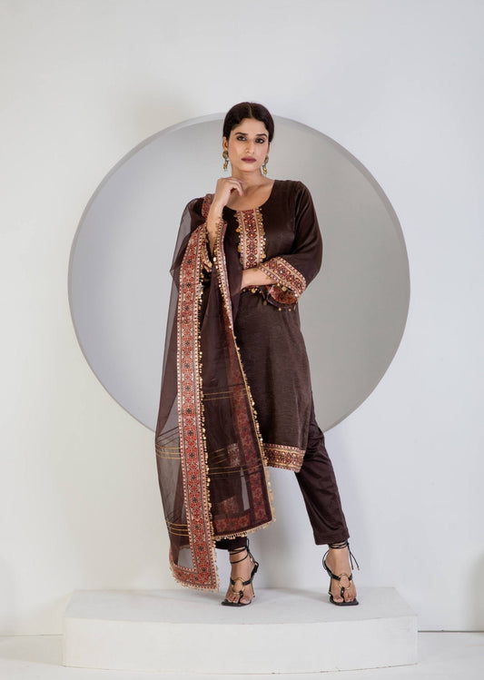 Brown suit with Lycra pant and Dupatta - Ritivesh By Ritika Aggarwal