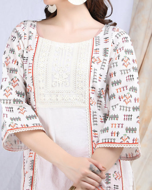 CHANDANI | Warli printed cotton paneled Kurta - Ritivesh By Ritika Aggarwal
