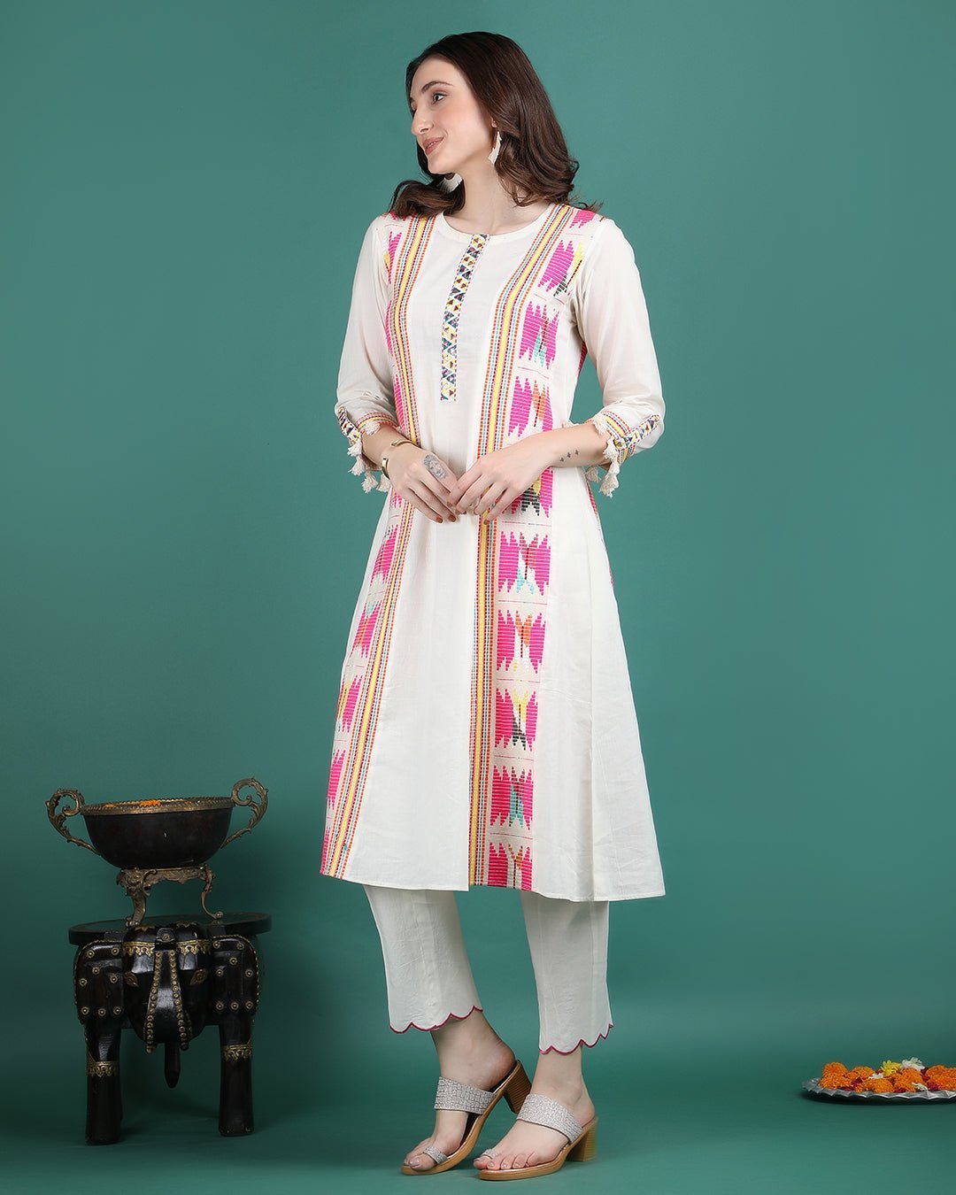 CHANDRIKA | Off white A - line Kurta Pant - Ritivesh By Ritika Aggarwal