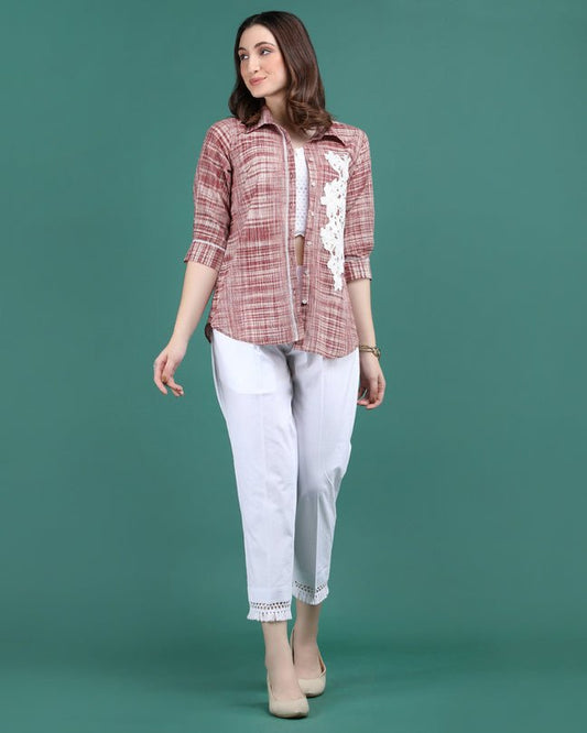 CHARM | Red cotton Shirt with crochet flower - Ritivesh By Ritika Aggarwal