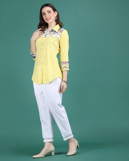 CITRINE | Lemon cotton shirt with crochet yoke - Ritivesh By Ritika Aggarwal