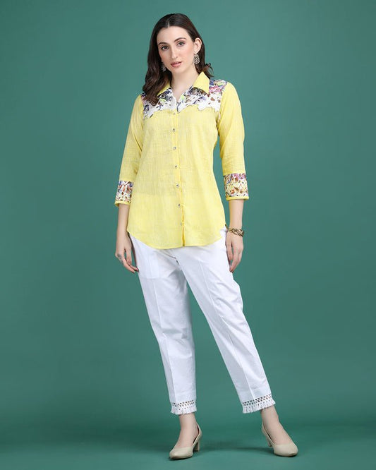 CITRINE | Lemon cotton shirt with crochet yoke - Ritivesh By Ritika Aggarwal