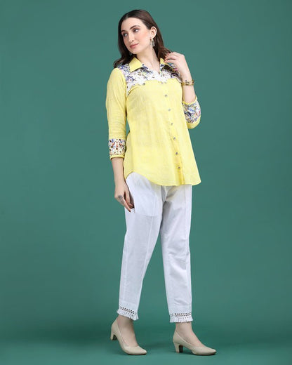 CITRINE | Lemon cotton shirt with crochet yoke - Ritivesh By Ritika Aggarwal