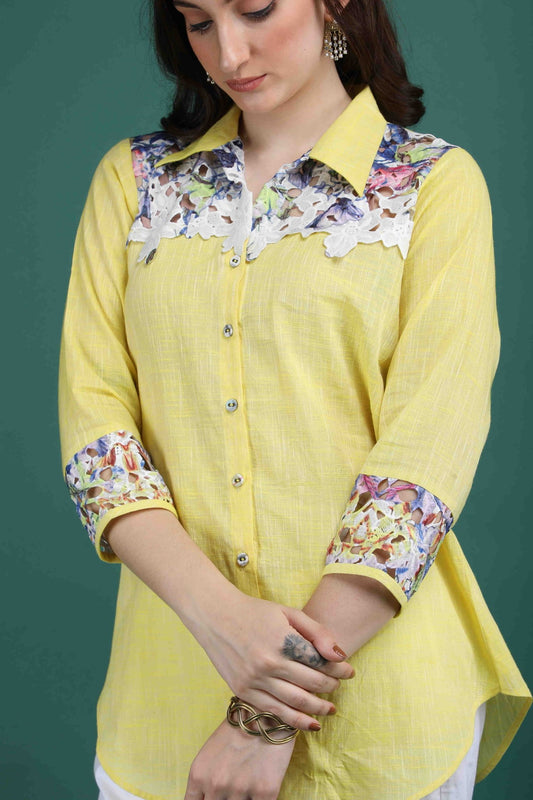 CITRINE | Lemon cotton shirt with crochet yoke - Ritivesh By Ritika Aggarwal