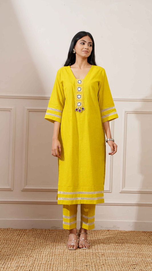 Corn Yellow Slub Handloom Cotton Straight Kurta & Pant - Ritivesh By Ritika Aggarwal