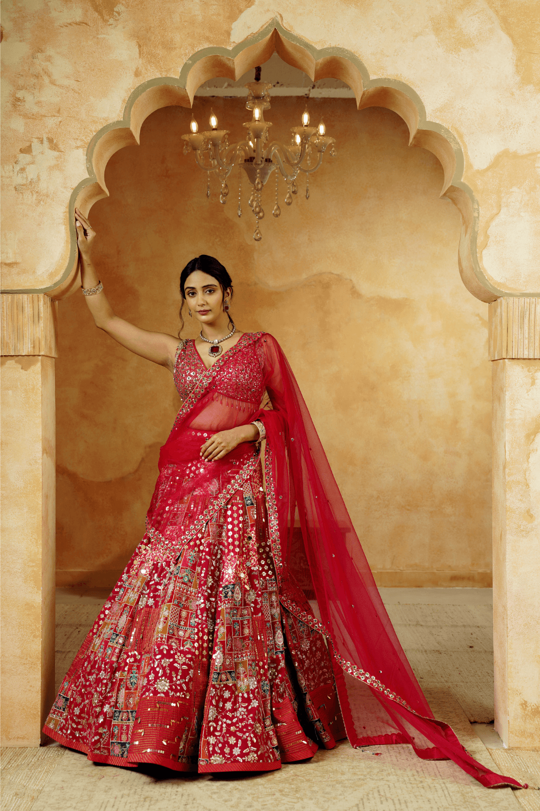 Crimson Red Lehenga Choli with Sequins & Hand Embroidery - Ritivesh By Ritika Aggarwal