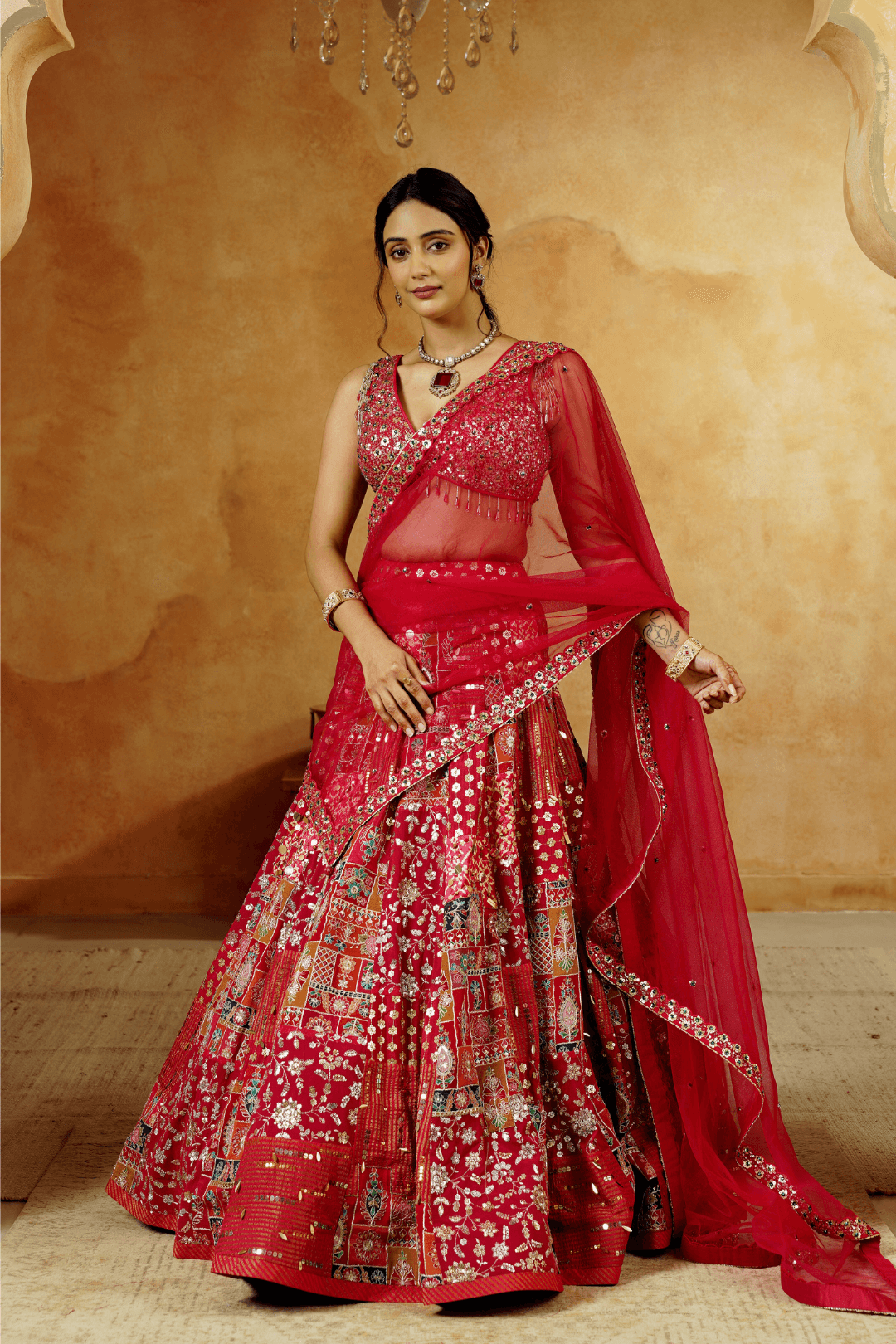 Crimson Red Lehenga Choli with Sequins & Hand Embroidery - Ritivesh By Ritika Aggarwal