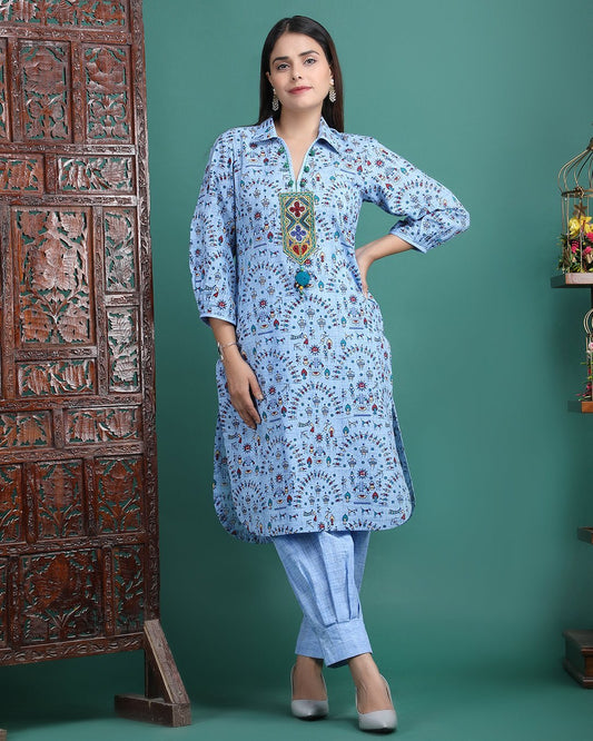 DHOL | Warli Print Cotton Kurta Afghani with Kutch Work - Ritivesh By Ritika Aggarwal