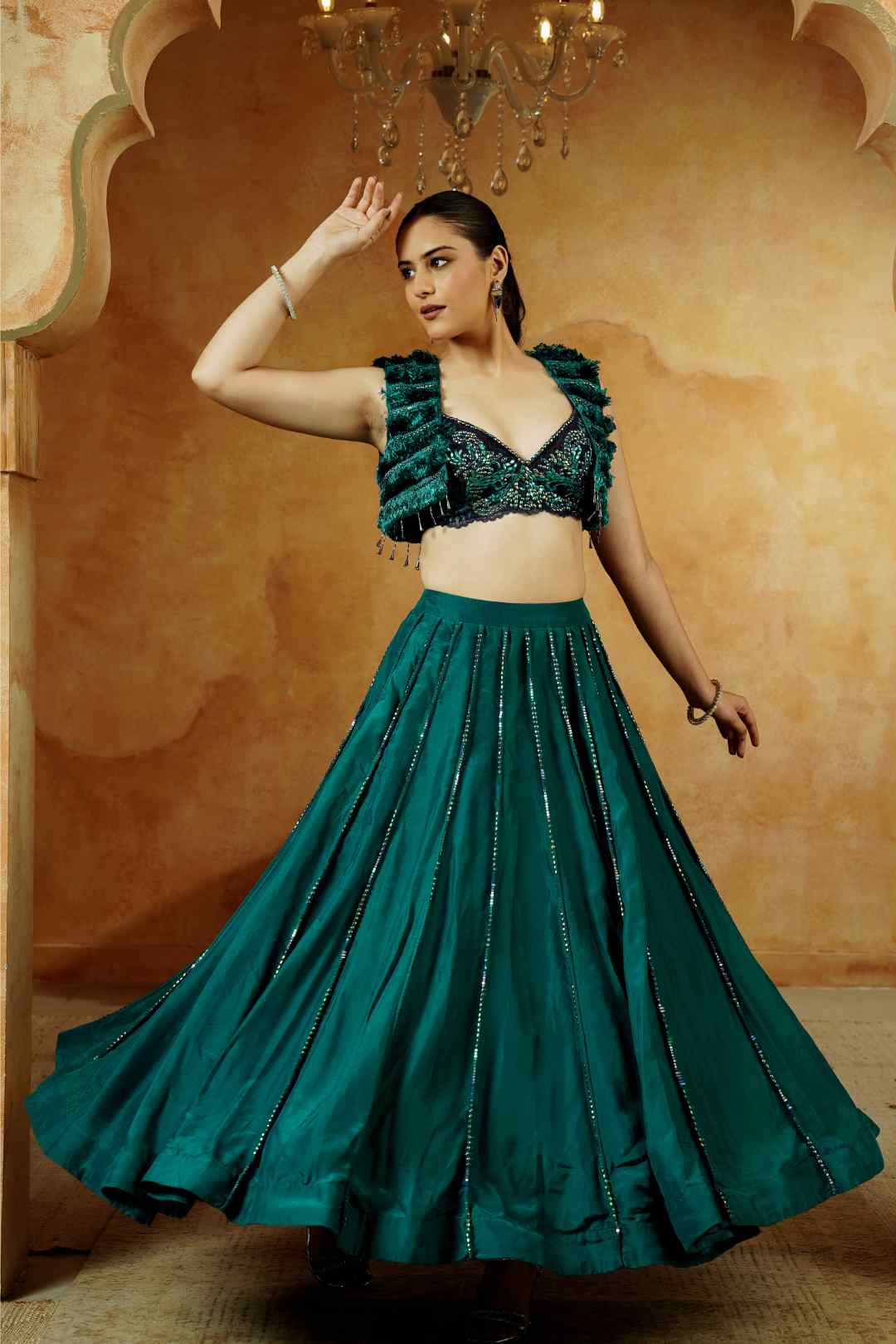Emerald Green Ruffle Blouse with jacket Lehenga Set - Ritivesh By Ritika Aggarwal