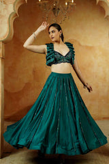 Emerald Green Ruffle Blouse with jacket Lehenga Set - Ritivesh By Ritika Aggarwal