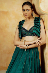 Emerald Green Ruffle Blouse with jacket Lehenga Set - Ritivesh By Ritika Aggarwal