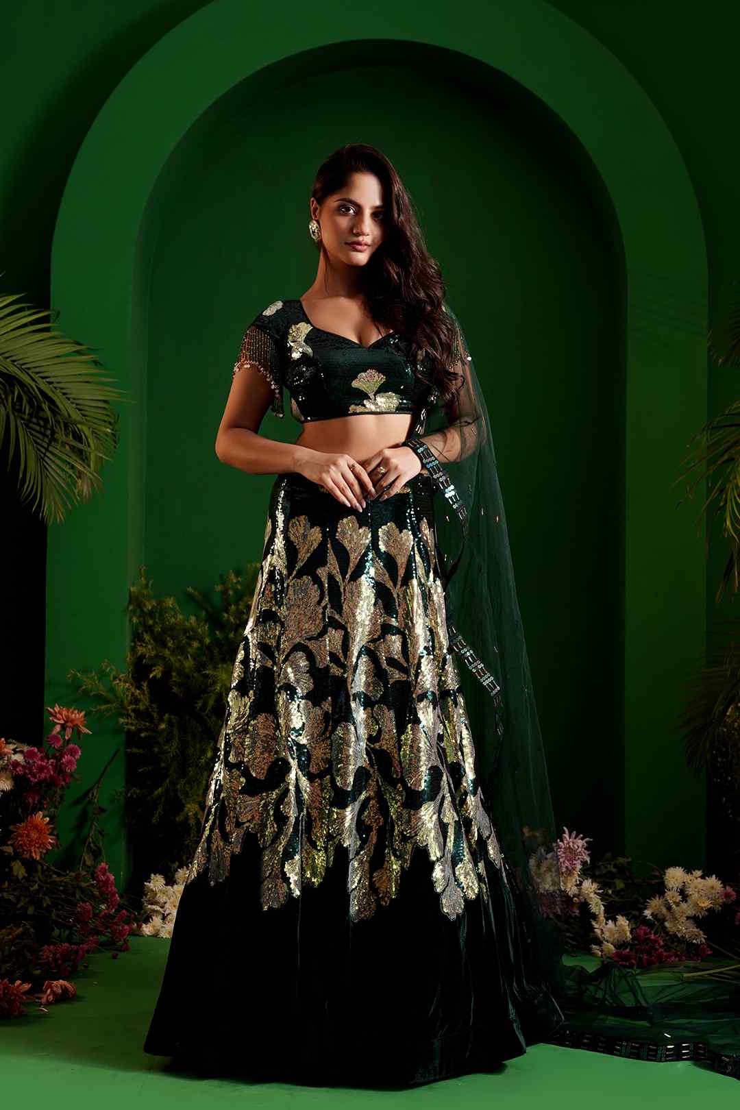FERISHA - Green Lehenga With Floral Embroidery and Sequin Work - Ritivesh By Ritika Aggarwal