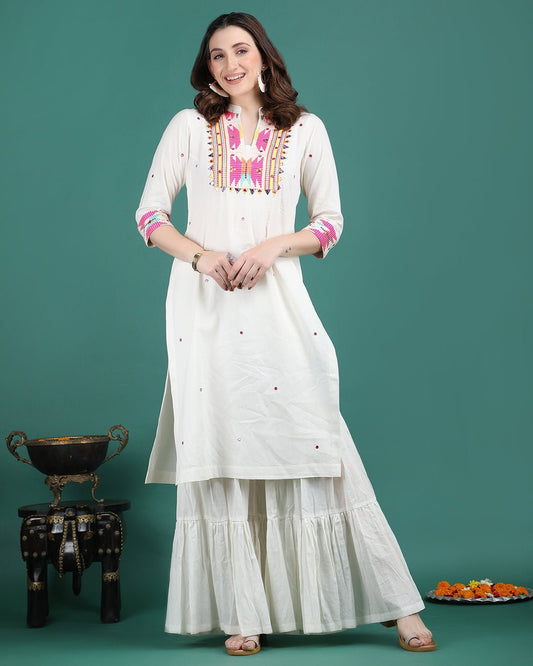 GANGA | Off White Magenta Panel Kurta Sharara - Ritivesh By Ritika Aggarwal