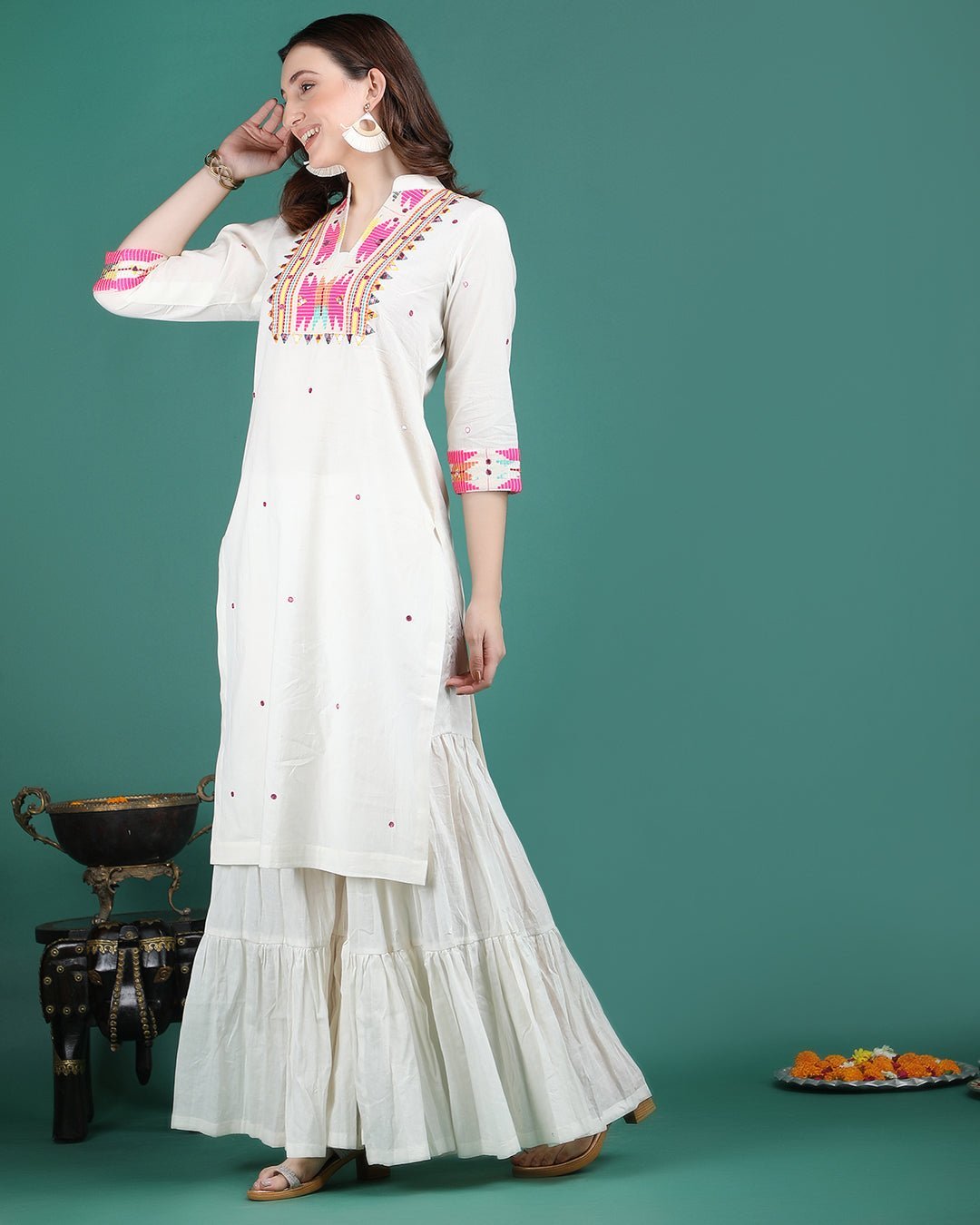 GANGA | Off White Magenta Panel Kurta Sharara - Ritivesh By Ritika Aggarwal