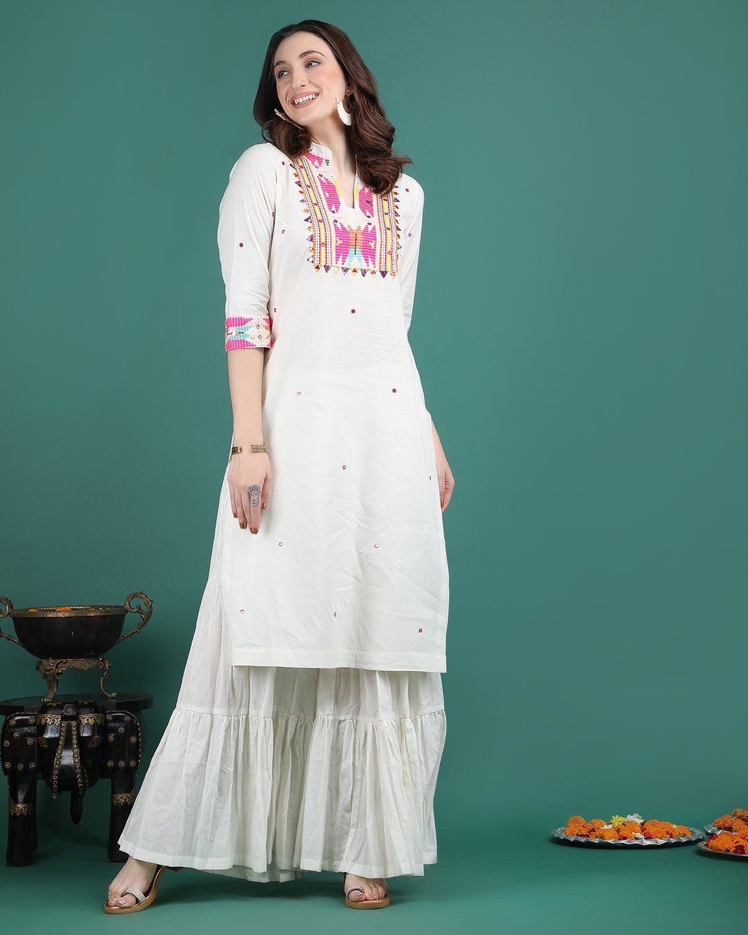 GANGA | Off White Magenta Panel Kurta Sharara - Ritivesh By Ritika Aggarwal