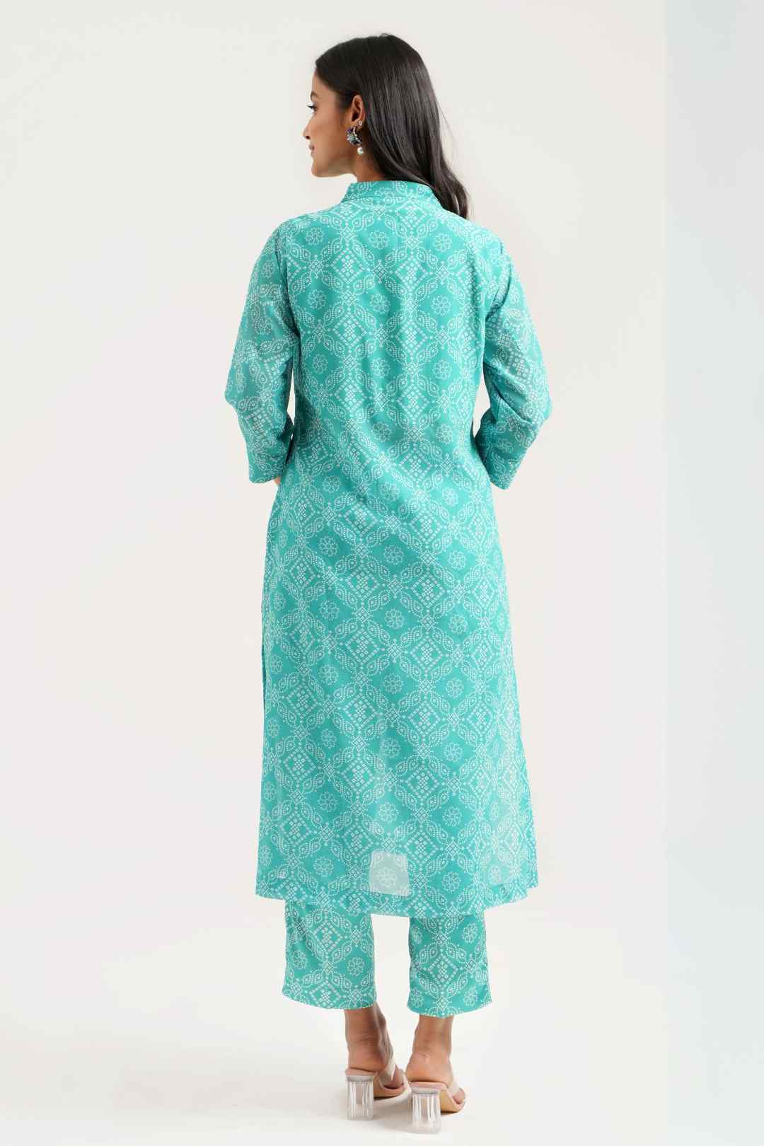 Georgette Bandhej Straight Kurta Pant Set - Ritivesh By Ritika Aggarwal