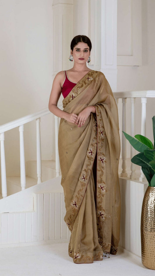 Golden Organza saree - Ritivesh By Ritika Aggarwal