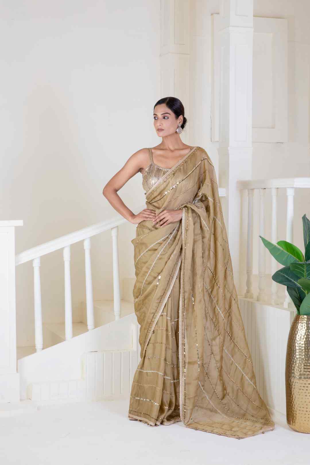 Golden silk with embroidery saree - Ritivesh By Ritika Aggarwal