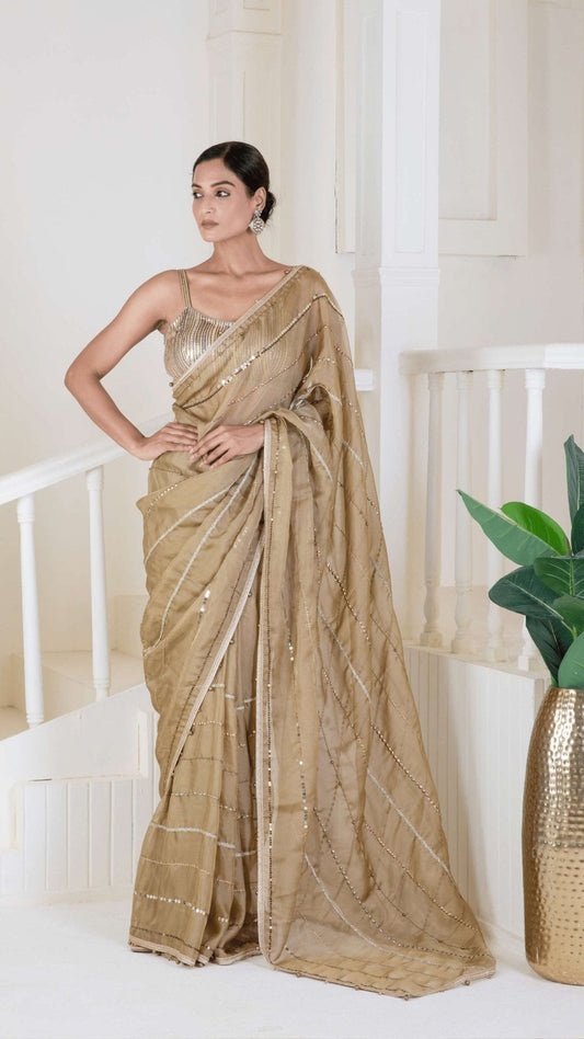 Golden silk with embroidery saree - Ritivesh By Ritika Aggarwal