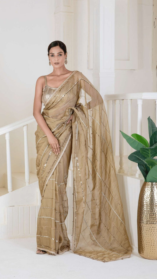 Golden silk with embroidery saree - Ritivesh By Ritika Aggarwal