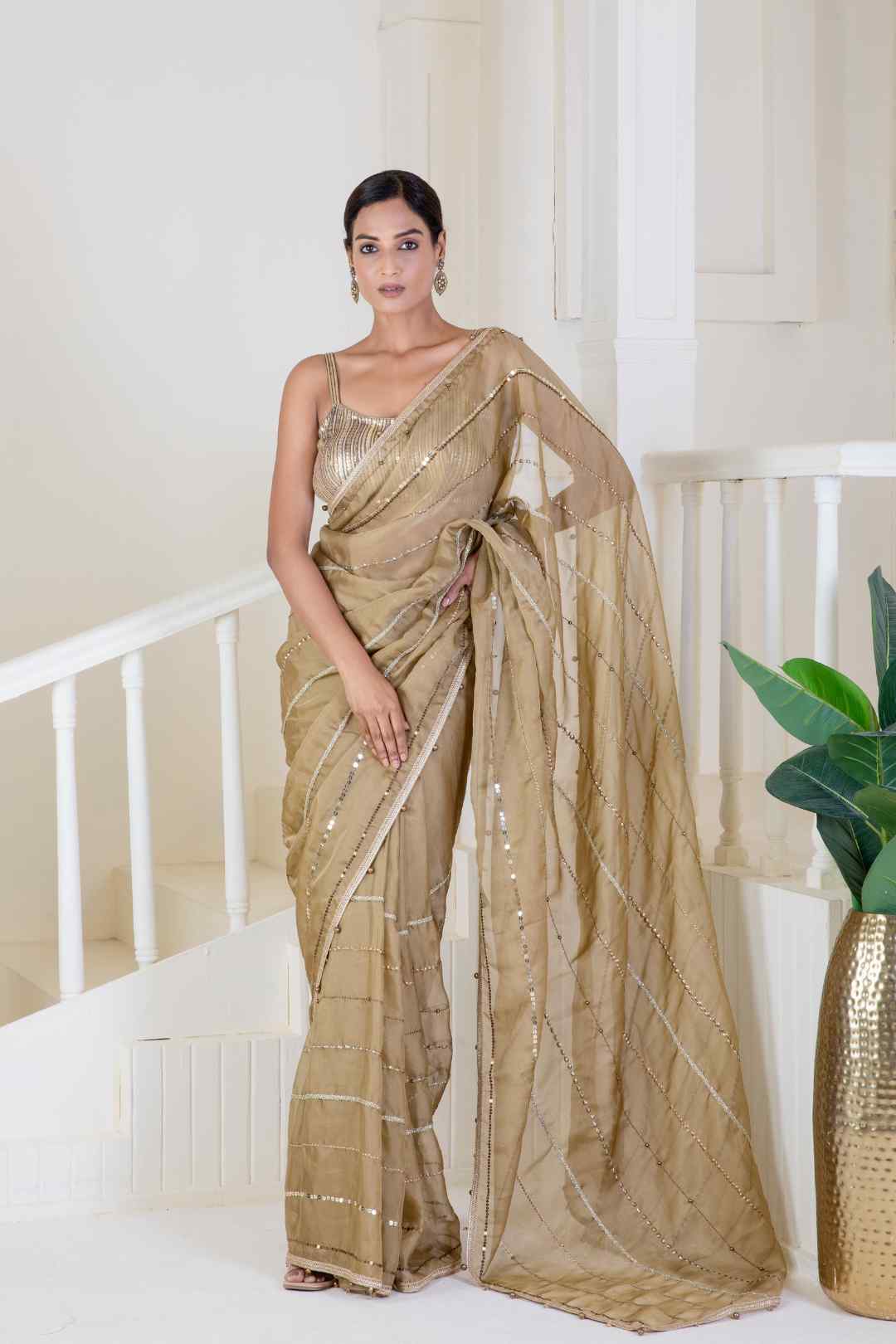 Golden silk with embroidery saree - Ritivesh By Ritika Aggarwal