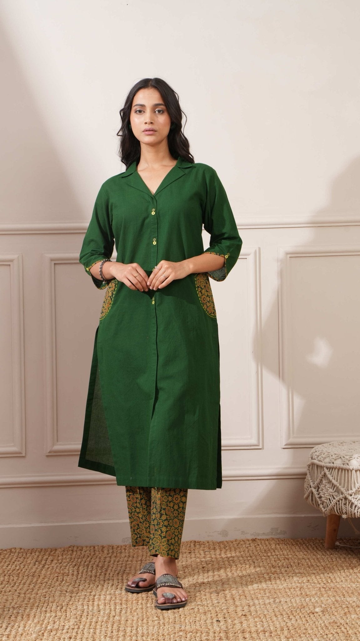 Green Ajrakh Cotton Handcrafted Straight Kurta & Pant - Ritivesh By Ritika Aggarwal