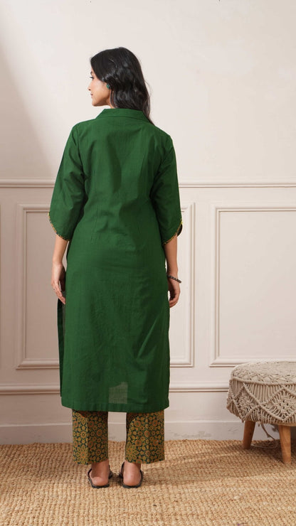 Green Ajrakh Cotton Handcrafted Straight Kurta & Pant - Ritivesh By Ritika Aggarwal