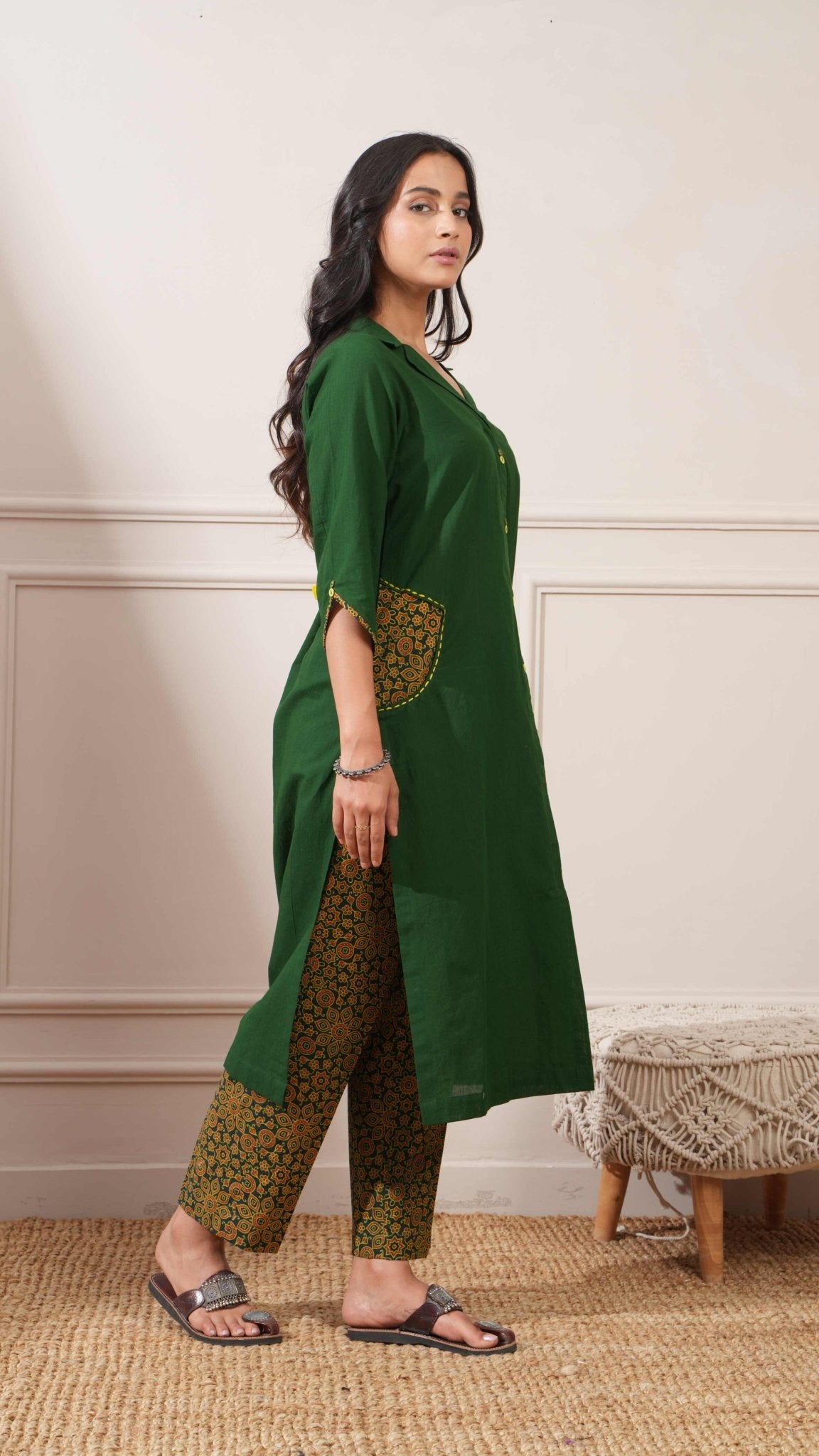 Green Ajrakh Cotton Handcrafted Straight Kurta & Pant - Ritivesh By Ritika Aggarwal