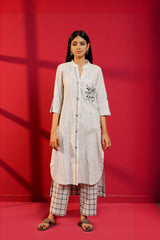 Grey Handloom Cotton Hand - Embroidered Straight Kurta & Pant - Ritivesh By Ritika Aggarwal