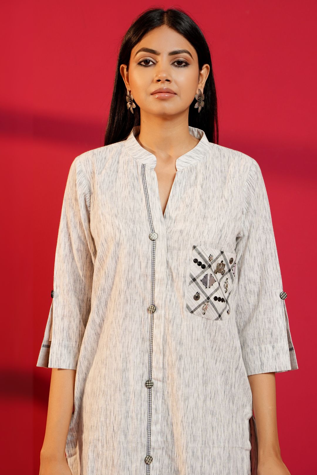 Grey Handloom Cotton Hand - Embroidered Straight Kurta & Pant - Ritivesh By Ritika Aggarwal