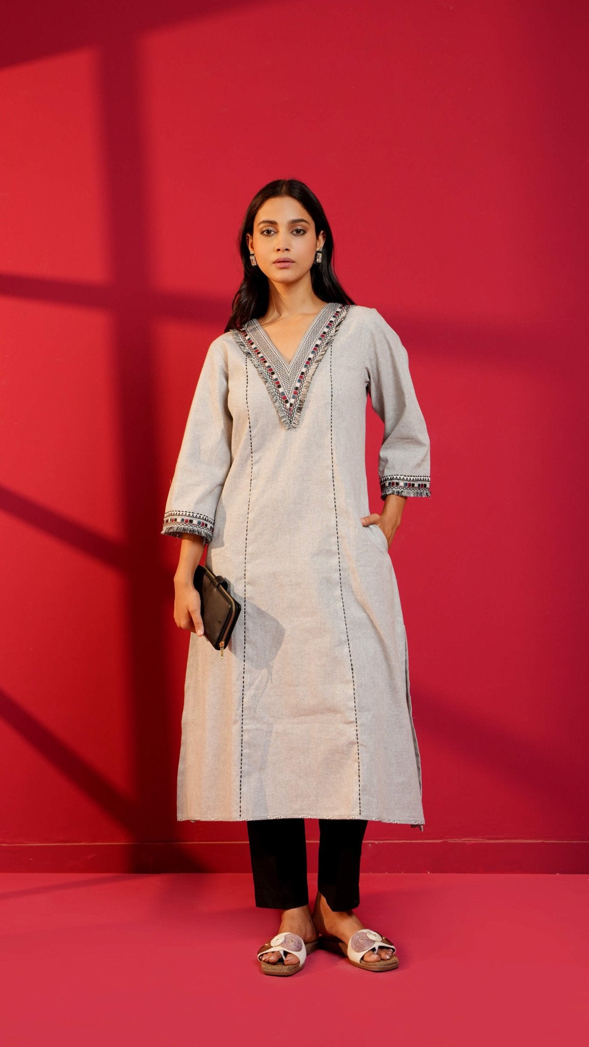 Grey Khadi Cotton Hand - Crafted Straight Kurta & Pant - Ritivesh By Ritika Aggarwal