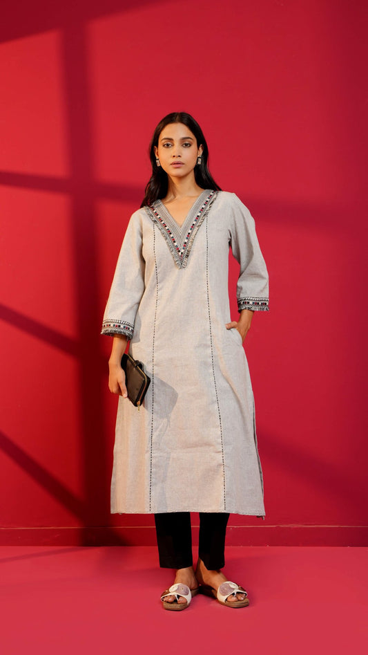 Grey Khadi Cotton Hand - Crafted Straight Kurta & Pant - Ritivesh By Ritika Aggarwal