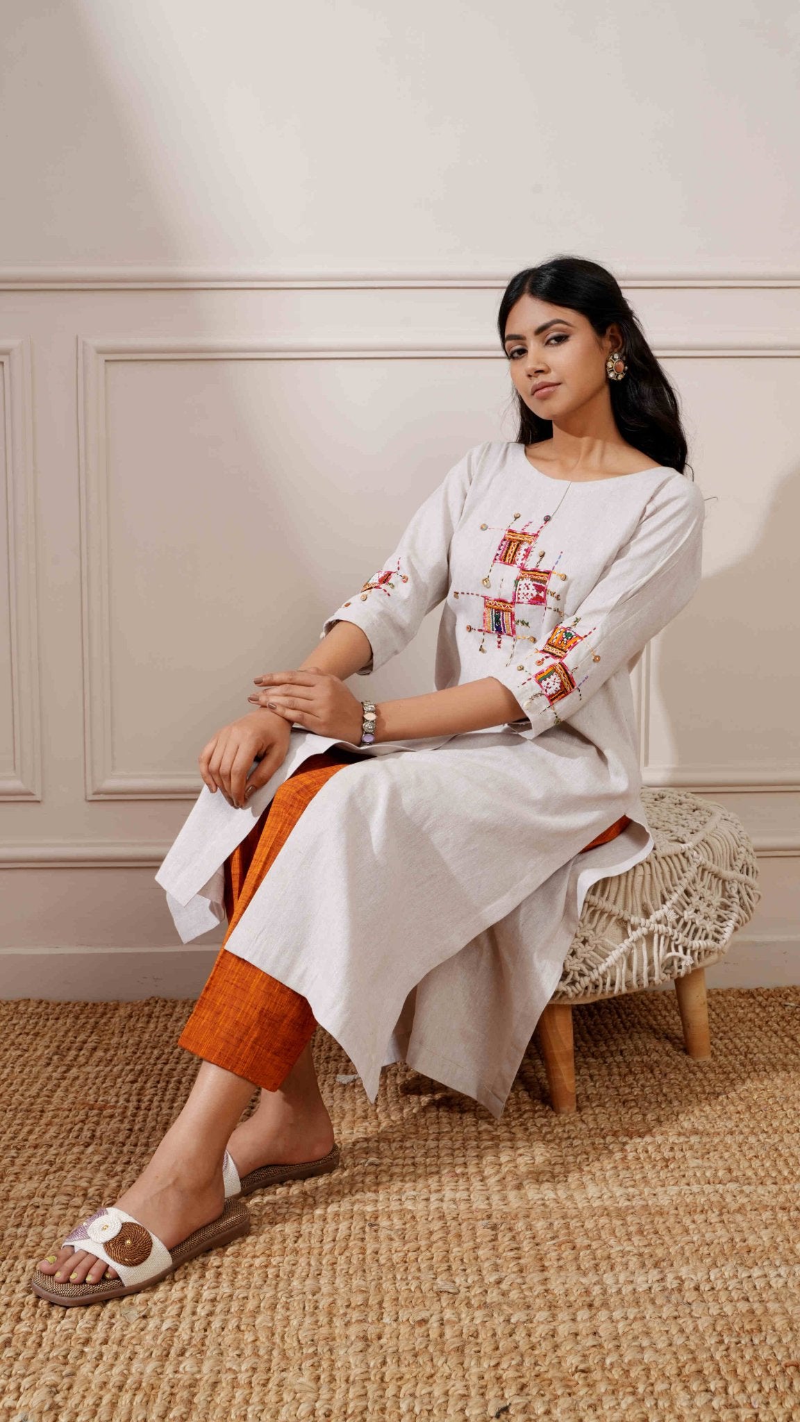 Grey Khadi Cotton Handcrafted Straight Kurta & Pant - Ritivesh By Ritika Aggarwal