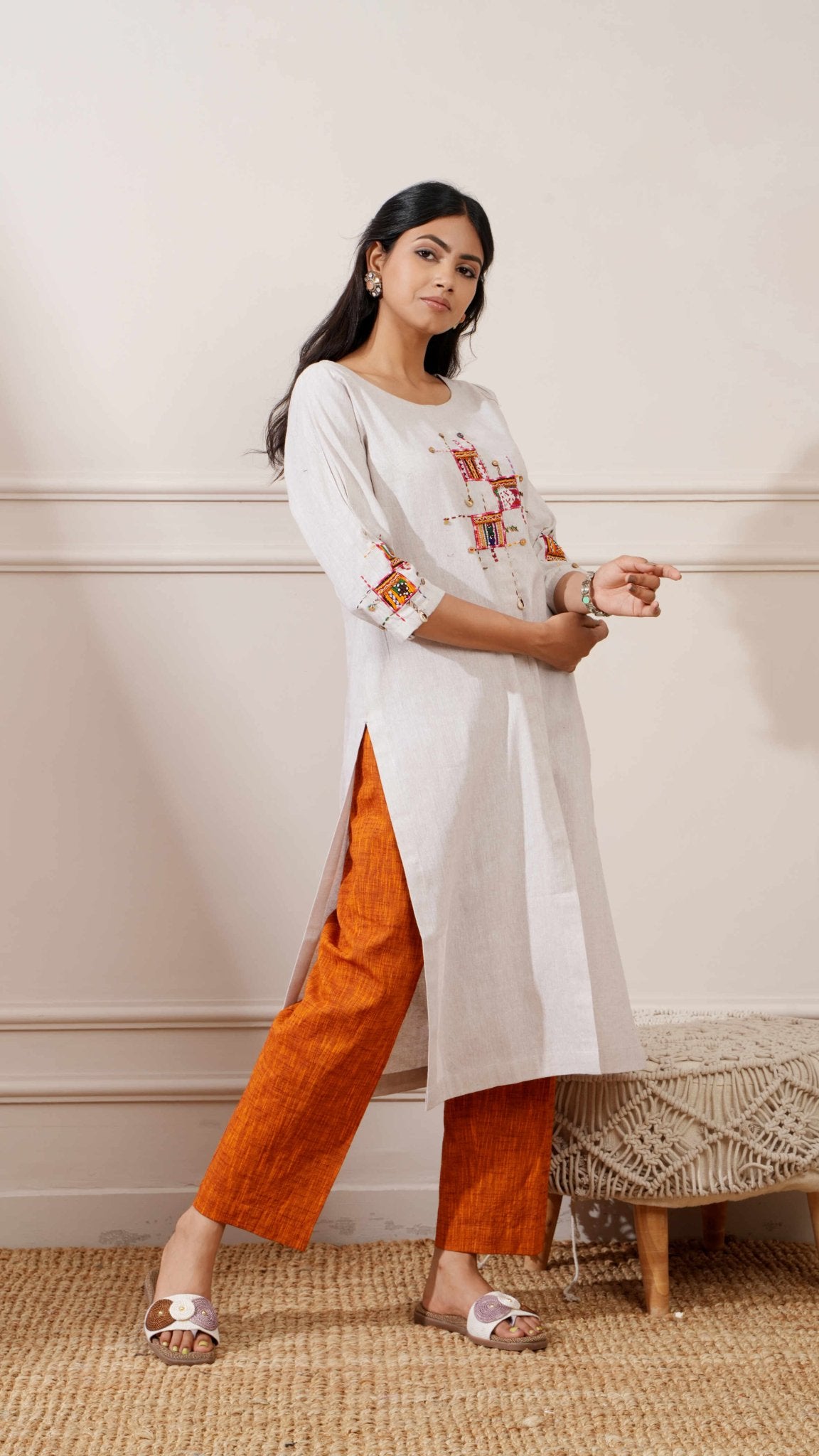 Grey Khadi Cotton Handcrafted Straight Kurta & Pant - Ritivesh By Ritika Aggarwal