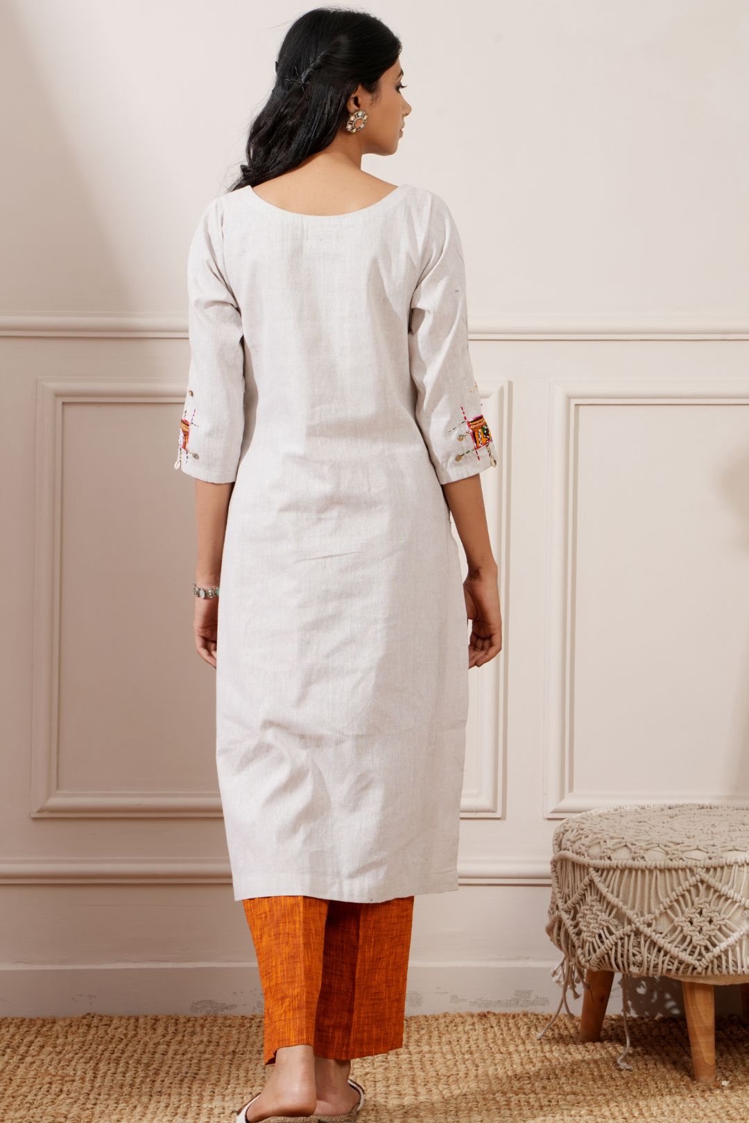 Grey Khadi Cotton Handcrafted Straight Kurta & Pant - Ritivesh By Ritika Aggarwal