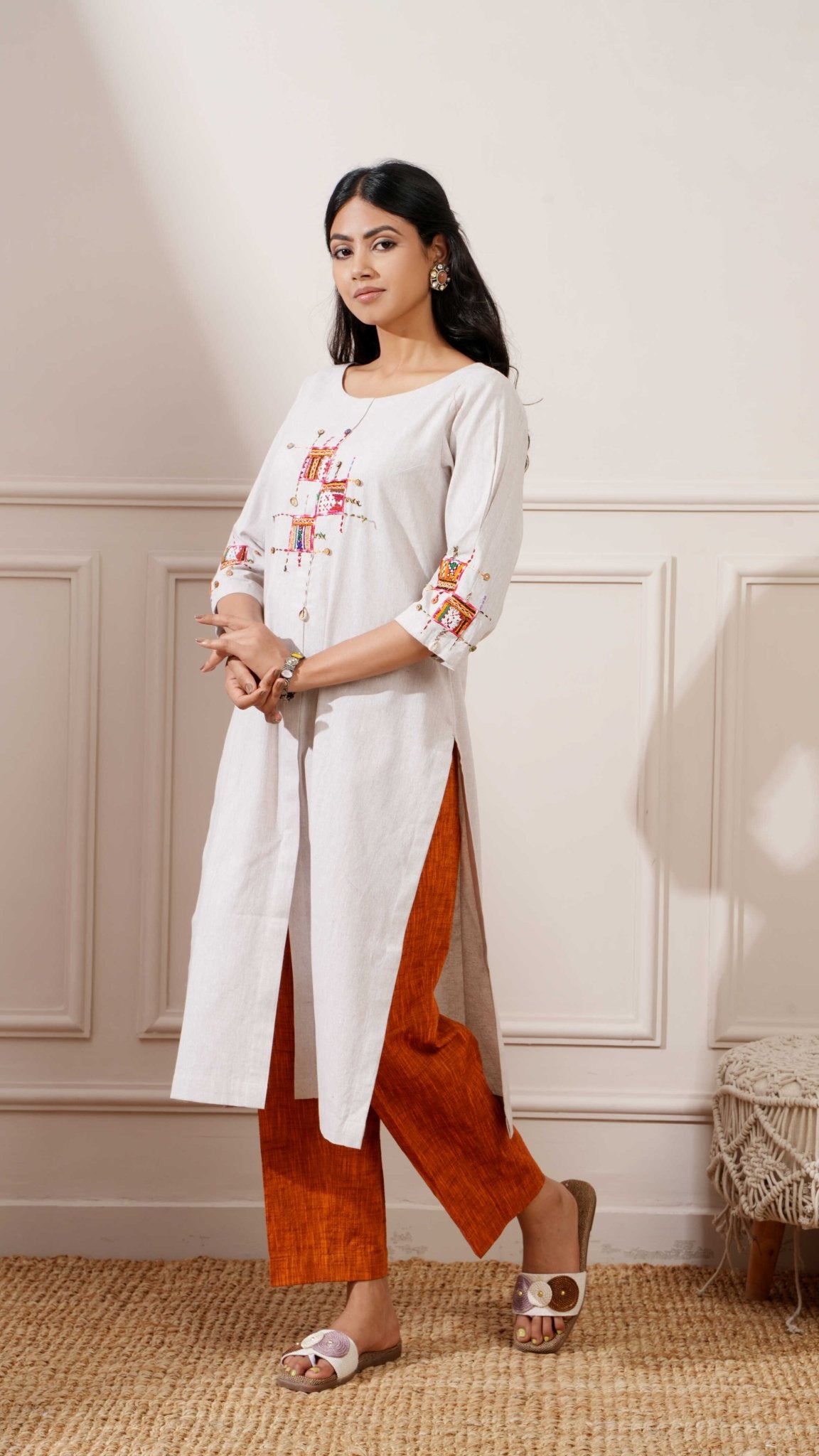 Grey Khadi Cotton Handcrafted Straight Kurta & Pant - Ritivesh By Ritika Aggarwal