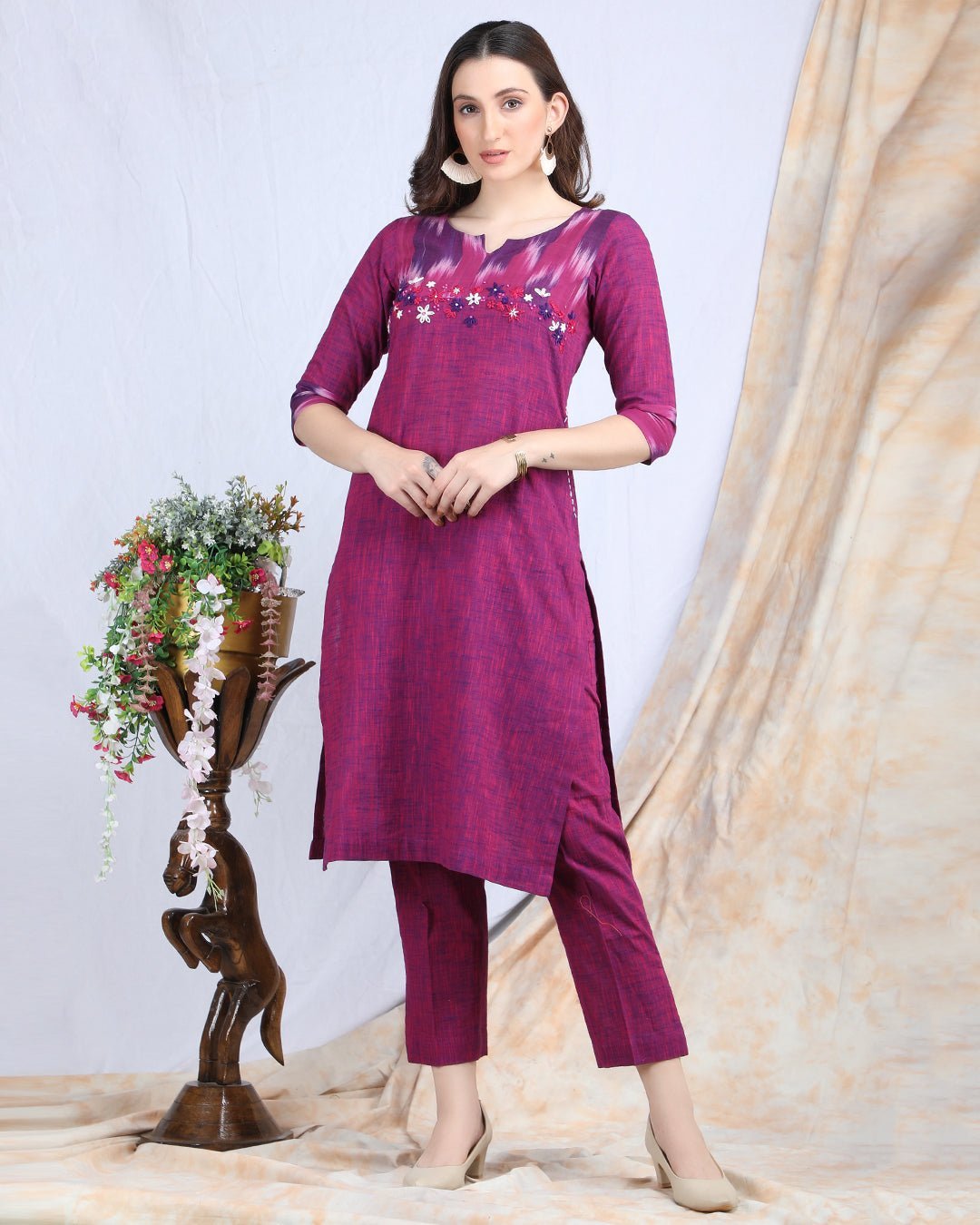 GULABI | Cotton Kurta Pant with Ikkat Yoke - Ritivesh By Ritika Aggarwal